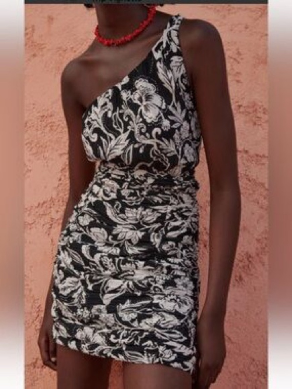 Zara Black and White One-Shoulder Floral Ruched Mini Dress